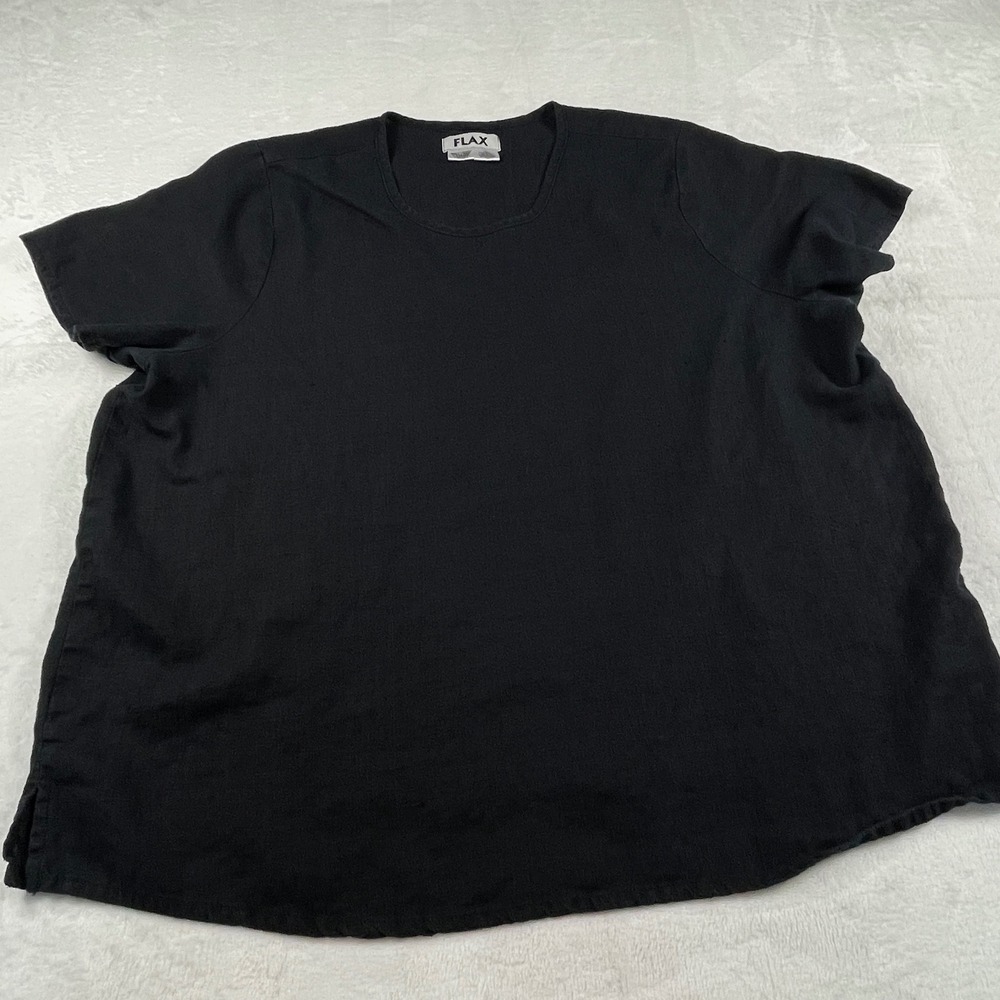 FLAX Women Black 100% Linen Short Sleeve Scoop Neck Boxy Top Large Lithuania